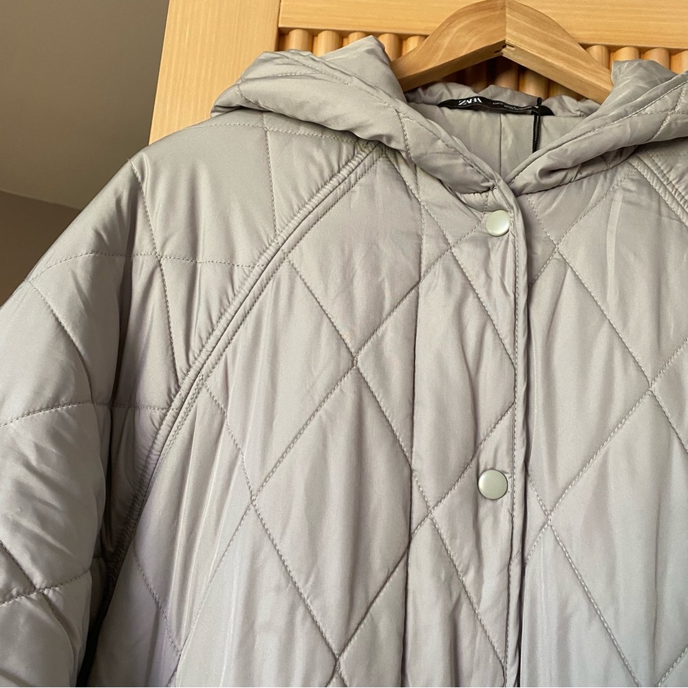 Zara long quilted puffer coat with hood stone grey - Picture 7 of 16